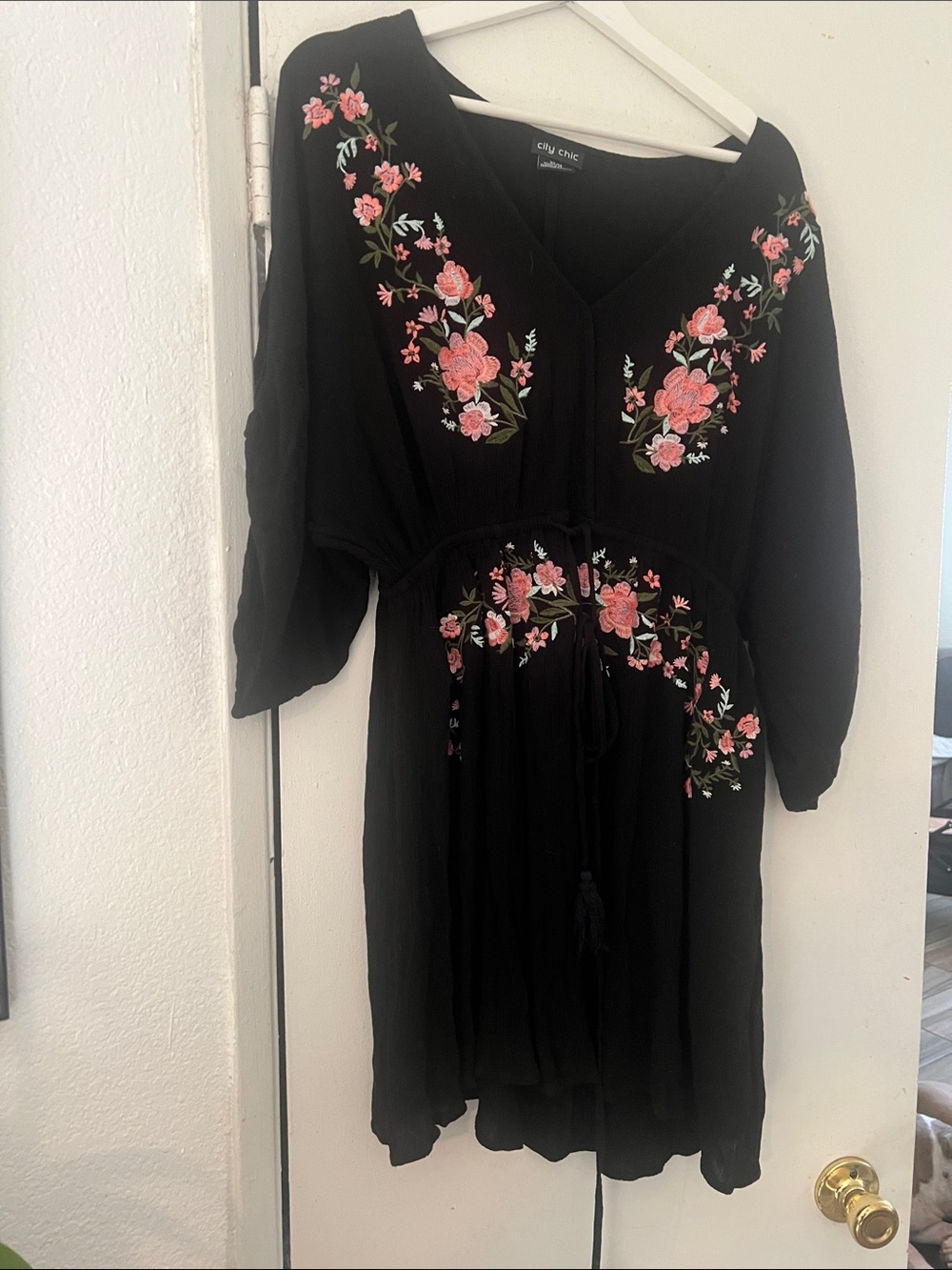 City Chic Black Mini Dress with Pink Floral Embroidery Boho